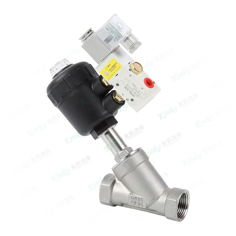 Pneumatic threaded angle seat valve with solenoid valve